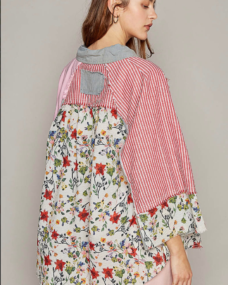 Cotton Boho Pink, Red & Orange Mix Media Block Button Down 3/4 Wide Sleeve Collared Raglan Shoulder Fray Edge Oversize Top