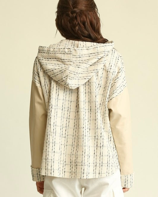 Classic Cream Tweed Textured Woven Mix w/Faux Leather Sleeves Hoodie Top