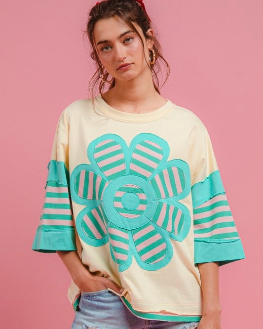 Boho Cream Turquoise & Pink Flower Patch 3/4 Drop Shoulder Sleeve Top