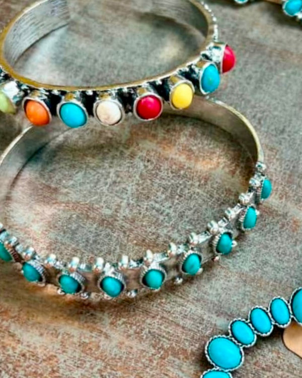 Faux Silver Bangle Bracelet w/Turquoise Stones