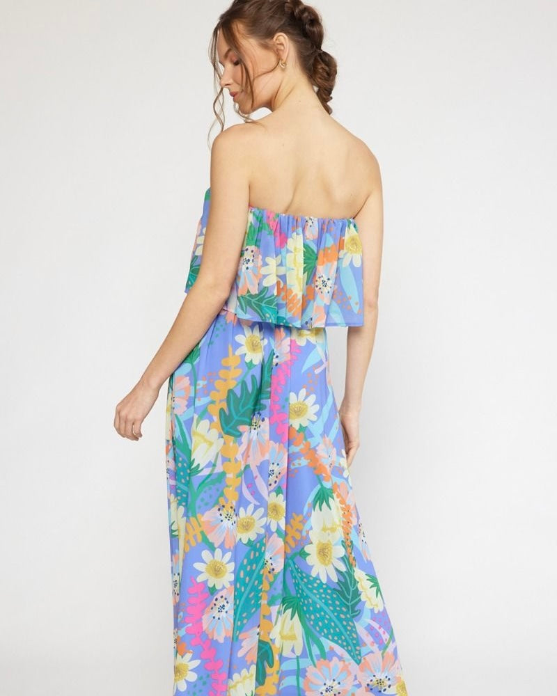 Purple Multicolor Floral Strapless Side Split Maxi Dress