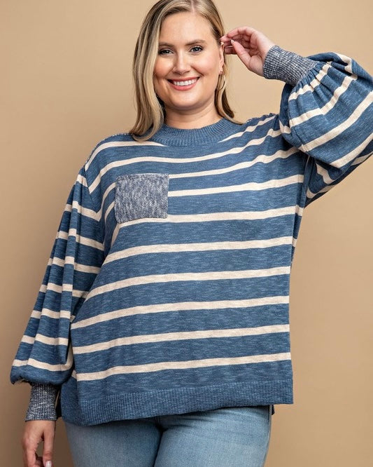 Plus Size Blue Denim Striped Lightweight Textured Sweater Knit Top