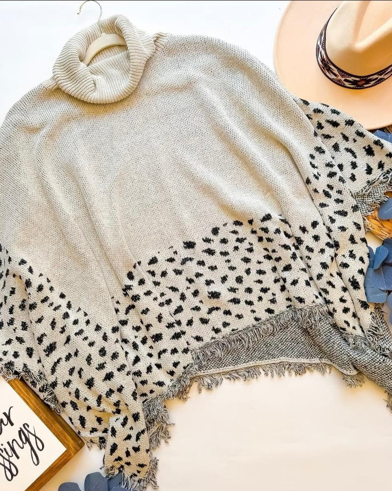 Cream & Black Leopard Animal Print Poncho Shawl Turtleneck Sweater