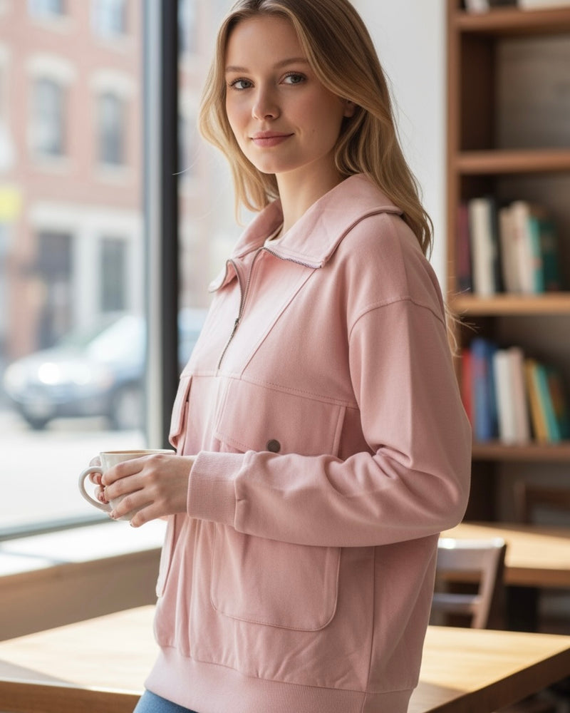 Blush Pink Large Front Pocket Zip Neck Long Sleeve Pullover Top