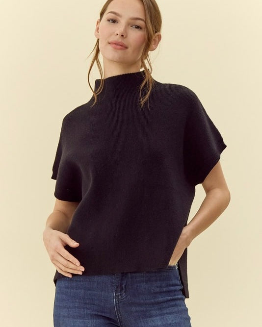 Classic Solid Black Boxy Short Dolman Sleeve Mock Neck Sweater