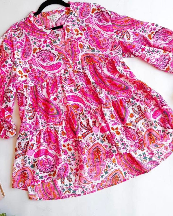 Pink Paisley  3/4 Sleeve Open Neck Babydoll Tier Tunic Top