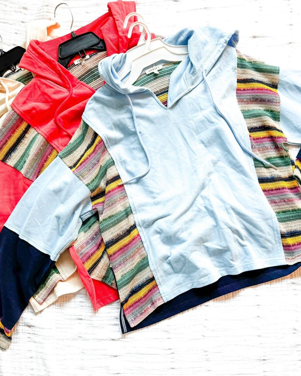 Blue, Cream, Terra Cotta or Navy Blue Color Block Stripe Contrast Long Sleeve Pullover Drawstring Hoodie Top