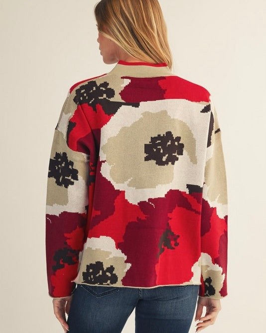 Burgandy & Tan Flower Print Long Sleeve Sweater Top