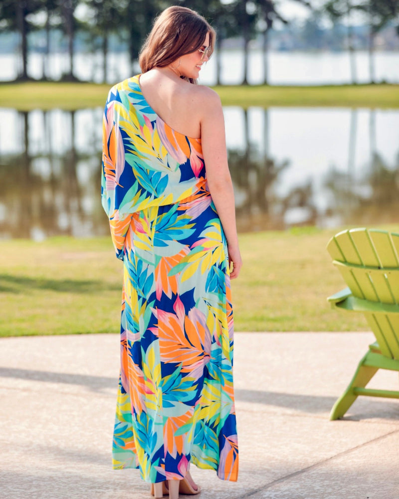 Beautiful Tropical Leaf Multi Color One Shoulder Maxi Dress