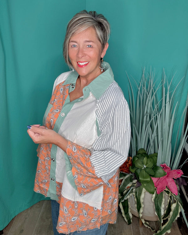 Cotton Boho Apricot Peach, Sage Green & Cream Mix Media Block Button Down 3/4 Wide Sleeve Collared Raglan Shoulder Fray Edge Oversize Top