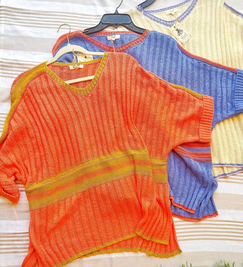 Blue or Orange 3/4 Sleeve VNeck Ribbed Sweater Knit Top