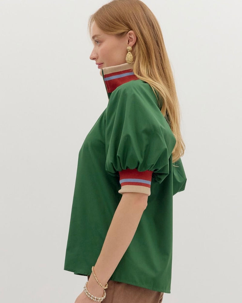 Solid Green Jersey Contrast Stripe Zip Neck Short Sleeve Top