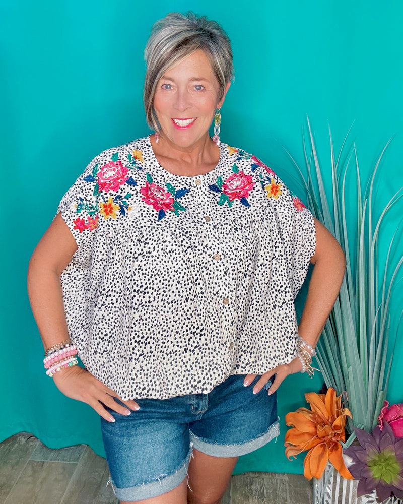 Cream & Black Cheetah Animal Print w/Floral Embroidery Short Sleeve Top