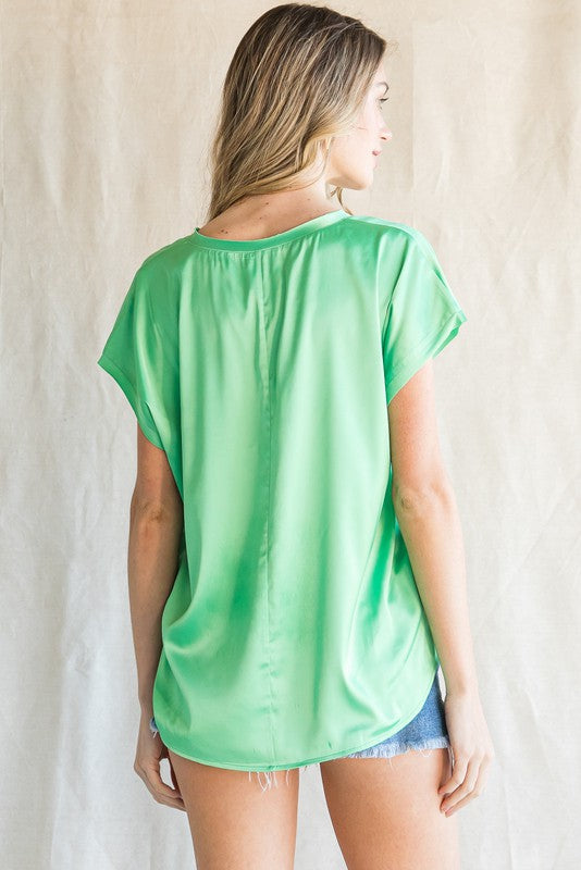 Green or Magenta Pink Satin VNeck Short Cap Sleeve Top