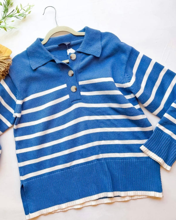 Blue & White Stripe Sweater Knit Long Sleeve Button Collar Neck Top