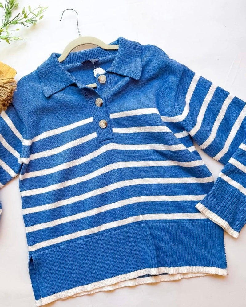 Blue & White Stripe Sweater Knit Long Sleeve Button Collar Neck Top