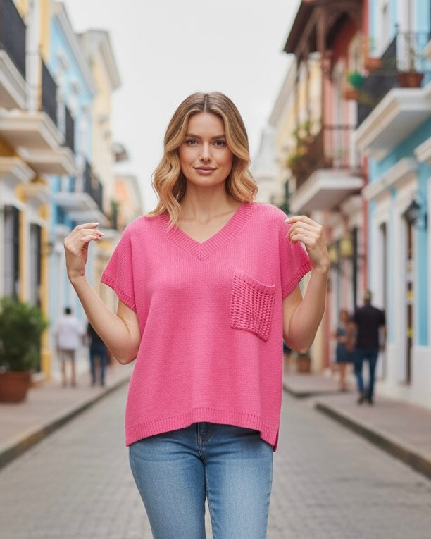 Solid Pink VNeck Short Sleeve Sweater Knit Top