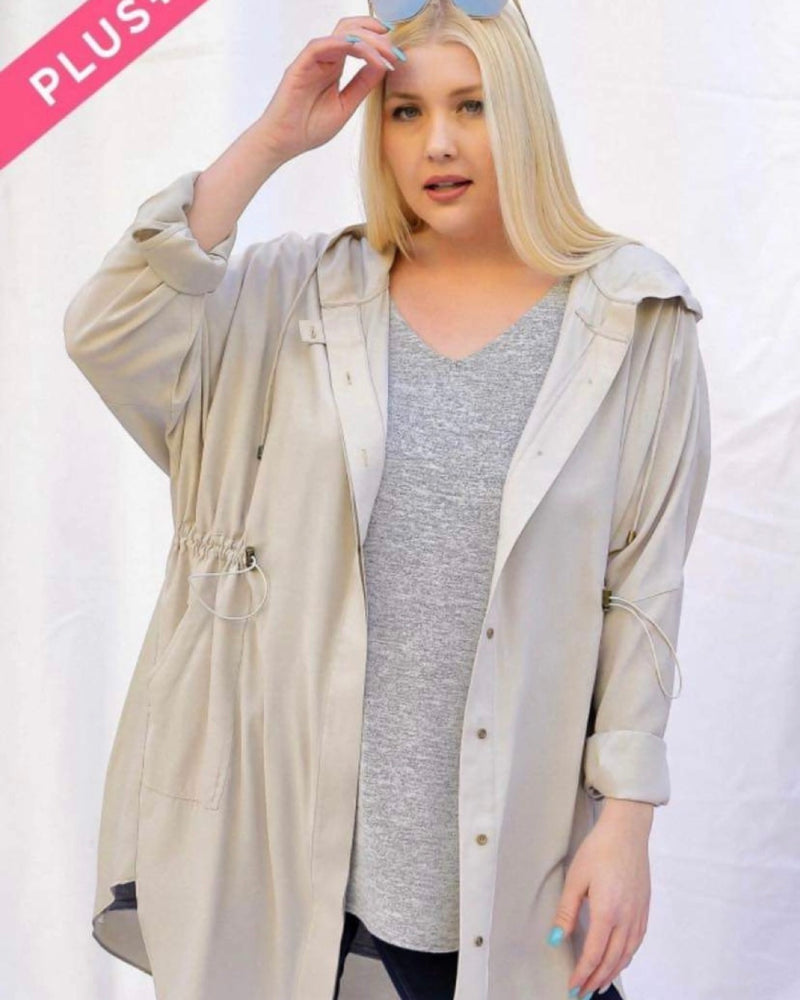 Plus Size Khaki Neutral Tan Cargo Longline Waist Tie Lightweight Jacket