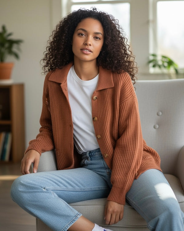 Solid Brown Ribbed Button Front Collared Long Sleeve Sweater Cardigan