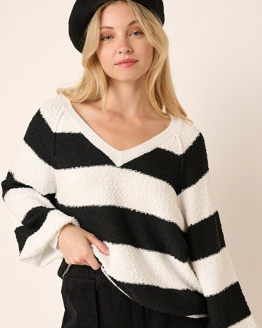 Black & White Bold Varsity Stripe Long Sleeve VNeck Sweater Top