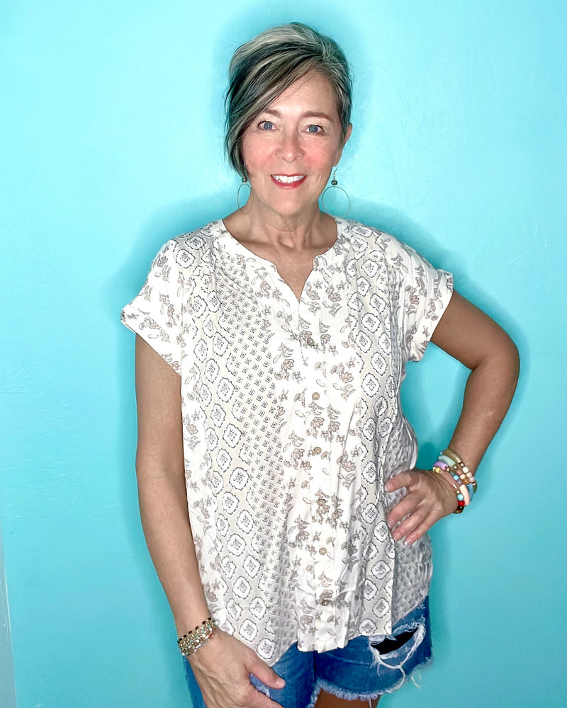 Ivory & Tan Mix Media Contrasting Block Prints Cap Sleeve Button Down Blouse