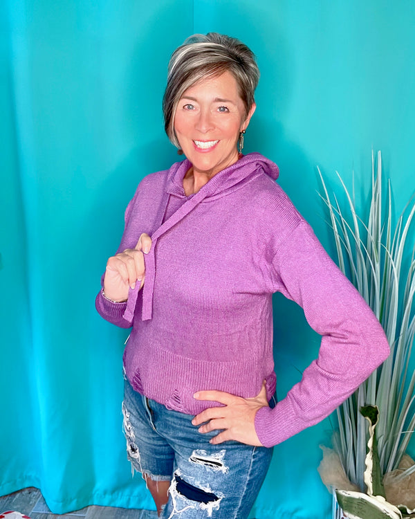 Purple Hoodie Long Sleeve Distressed Sweater