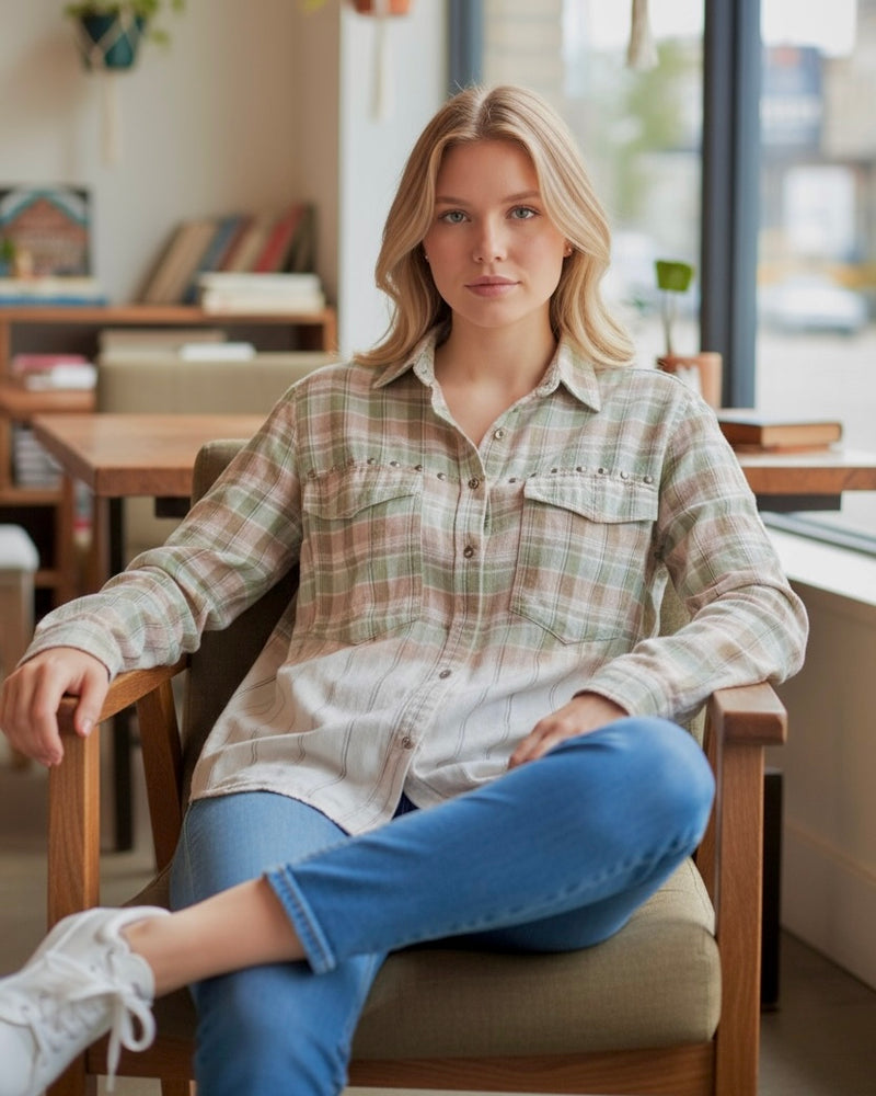 Green & Cream Ombre Plaid Stud Button Down Long Sleeve Top