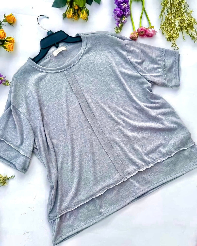 Plus Size Solid White or Gray Outside Stitch Short Sleeve Round Neck Tunic Top
