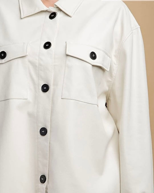 Plus Size White Faux Leather Button Down Side Pockets Jacket