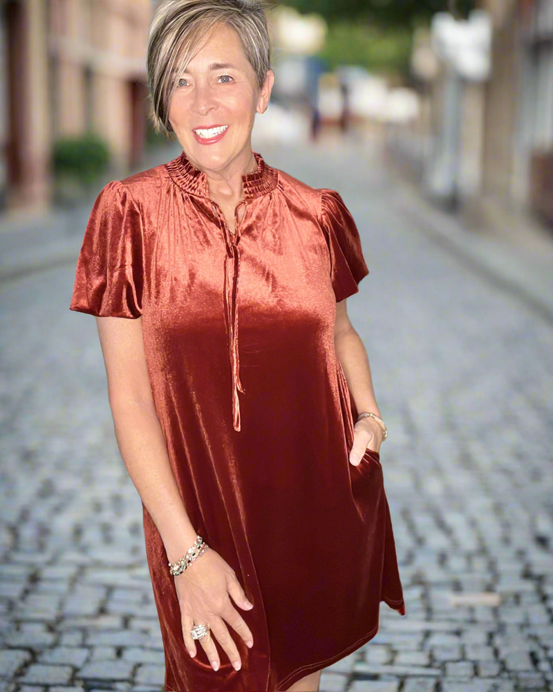 Rust Cinnamon Holiday Fall Short Puff Sleeve Neck Tie Velvet Dress