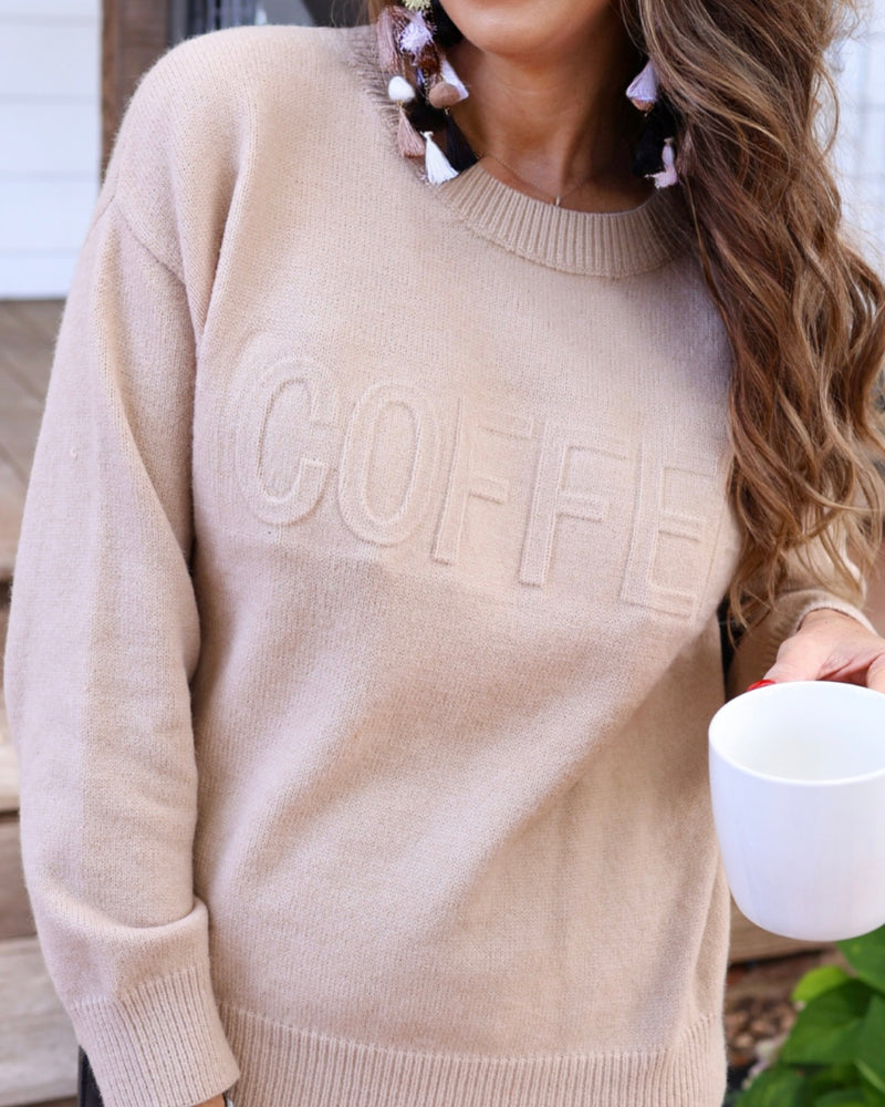 Brown Khaki "Coffee" Embossed Long Sleeve Sweater Top