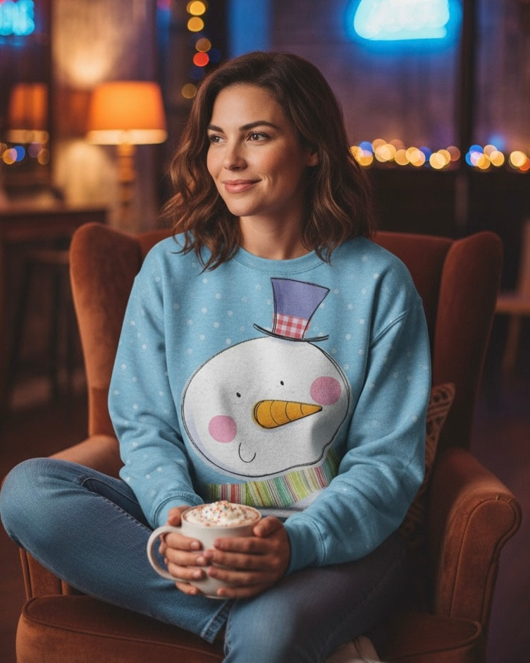 DOOR BUSTER Blue Multicolor Whimsical Snowman Long Sleeve Pullover Top