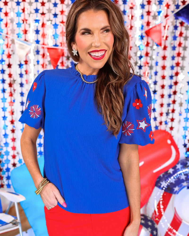 RWB Patriotic Princess Blue & Red Embroidery Puff Short Sleeve Ruffle Neck Top
