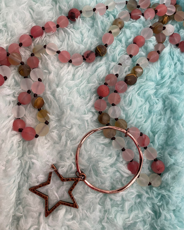 Long Beaded Necklace with Copper Metal Ring & Star Pendants
