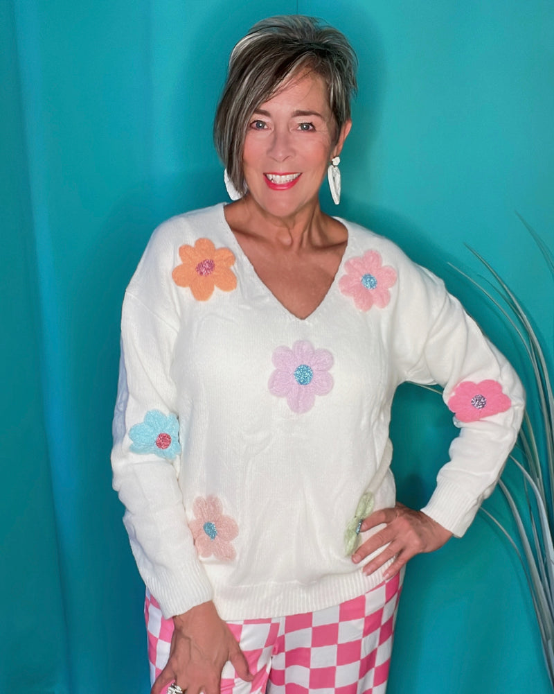 White VNeck Sweater with Multi Pastel Crochet Embroidery Flowers