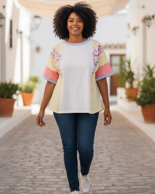 Plus Size White & Yellow Color Block Short Sleeve Top