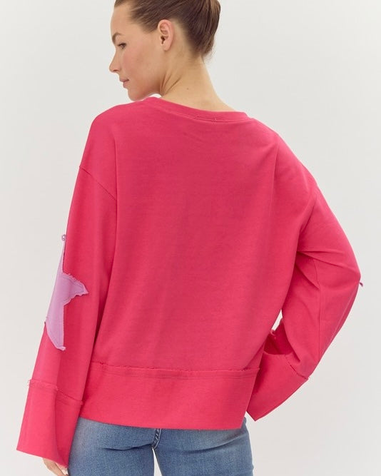 Pink, Brown or Navy Blue Star Patch Wide Bell Long Sleeve UNeck Pullover Top