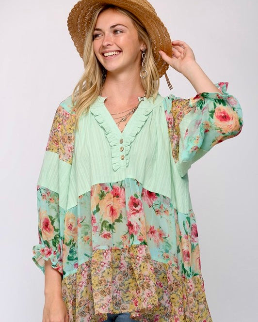 Mint Green Chiffon Floral Prints Peasant Tiered Tunic Boho Top