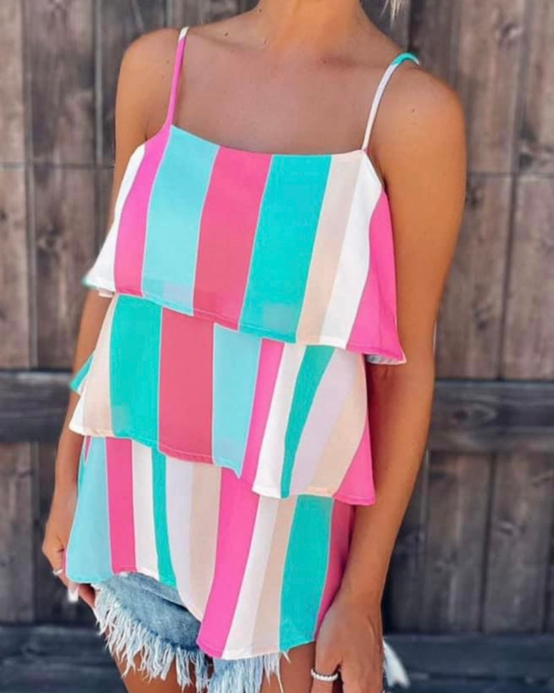 Bright Blue Pink Rainbow Multicolor Striped Layered Spaghetti Strap Tank Top