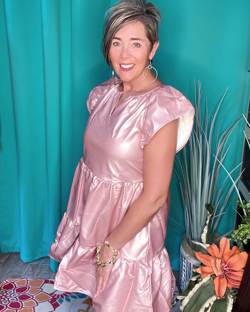 Rose Gold Pink Faux Leather Ruffle Cap Sleeve Tier Layered Party Dress