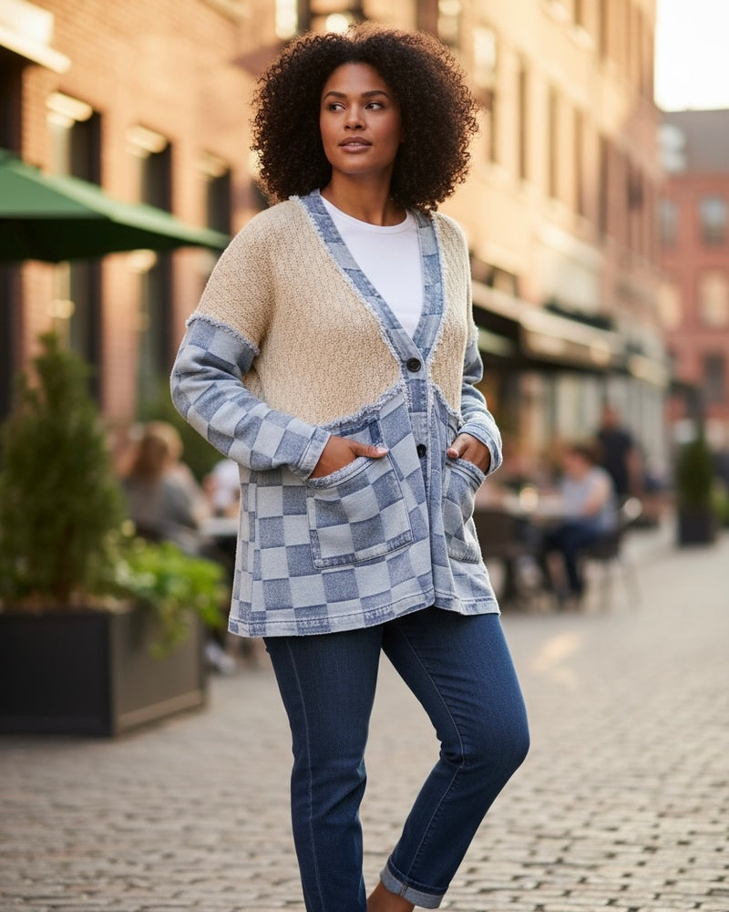 Plus Size Beige Chunky Cable Knit Sweater & Wash Checkered Denim Frayed Edge Long Sleeve Button Front Jacket