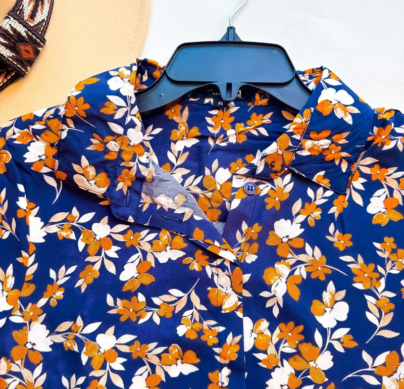 Navy & Rust Floral Print Button Down Long Sleeve Top