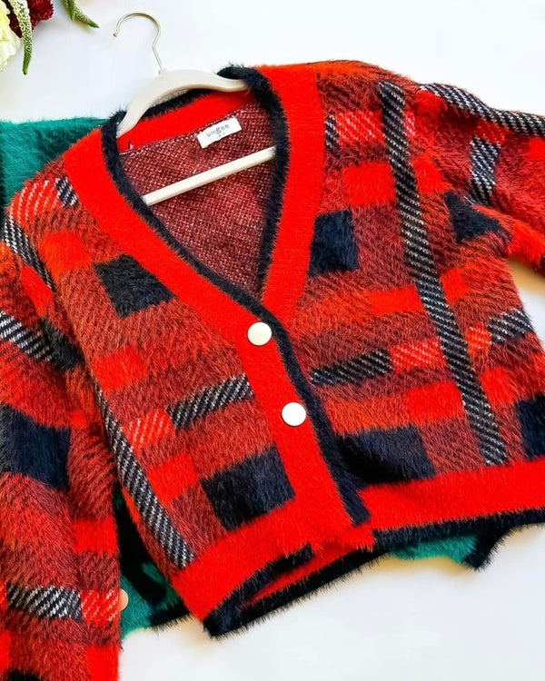 Classic Red & Black Plaid Button Front Waist Style Long Sleeve Sweater Cardigan