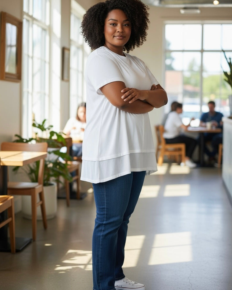 Plus Size Solid White or Gray Outside Stitch Short Sleeve Round Neck Tunic Top