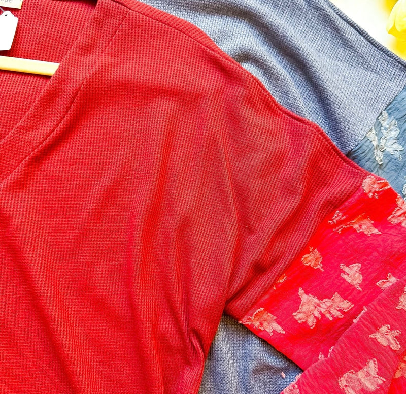 Solid Burgandy Red Contrasting Floral Print Balloon Long Sleeve Button Neck Top