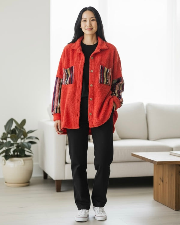 Solid Red Multi Stripe Long Sleeve Sherpa Button Down Shacket