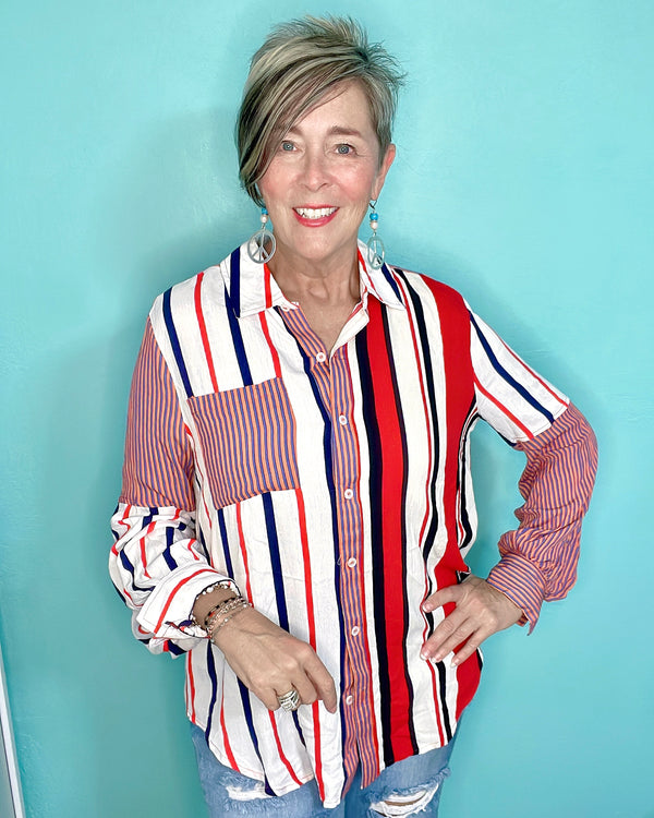 Red, White & Blue Contrast Stripe Button Down Long Sleeve Collared Blouse