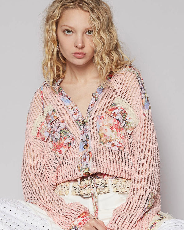 Blush Floral Contrast Pink Open Knit Button Down Pocket Hoodie Long Sleeve Shirt Shacket Top