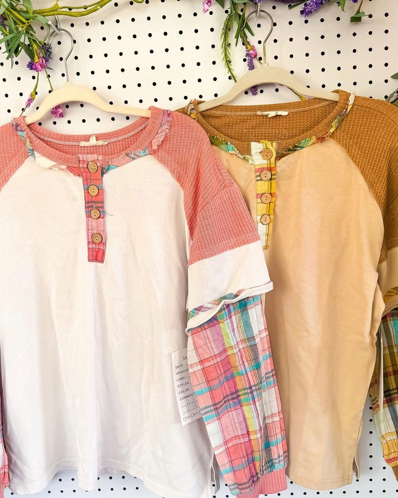 Brown or Blush Boho Texture Plaid Mix Media Button Neck Long Sleeve Top