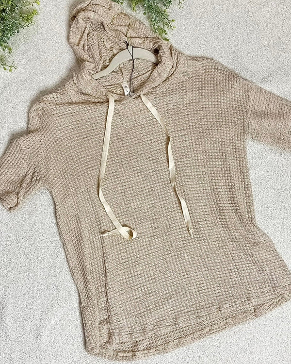 Tan Khaki Light Knit Waffle Sweater with Attached Drawstring Hoodie